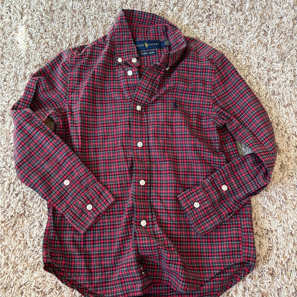 Ralph Lauren Red and Dark Grey Tartan Button-Up Shirt Size 6